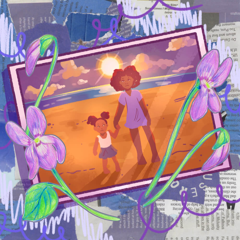 An illustration of a sun and child on the beach