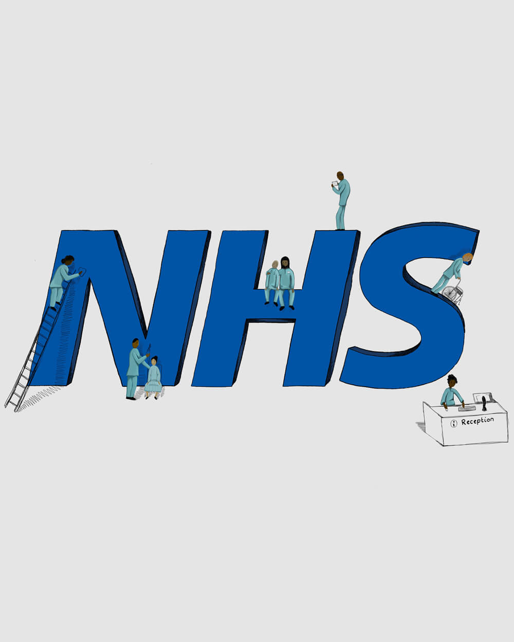 An image of NHS workers working on a large NHS logo