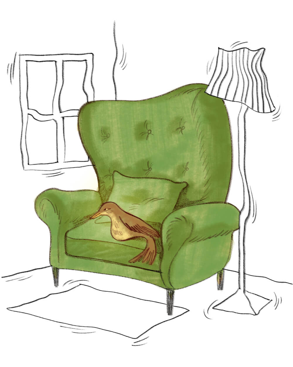 An illustration of a bird sitting on a green armchair
