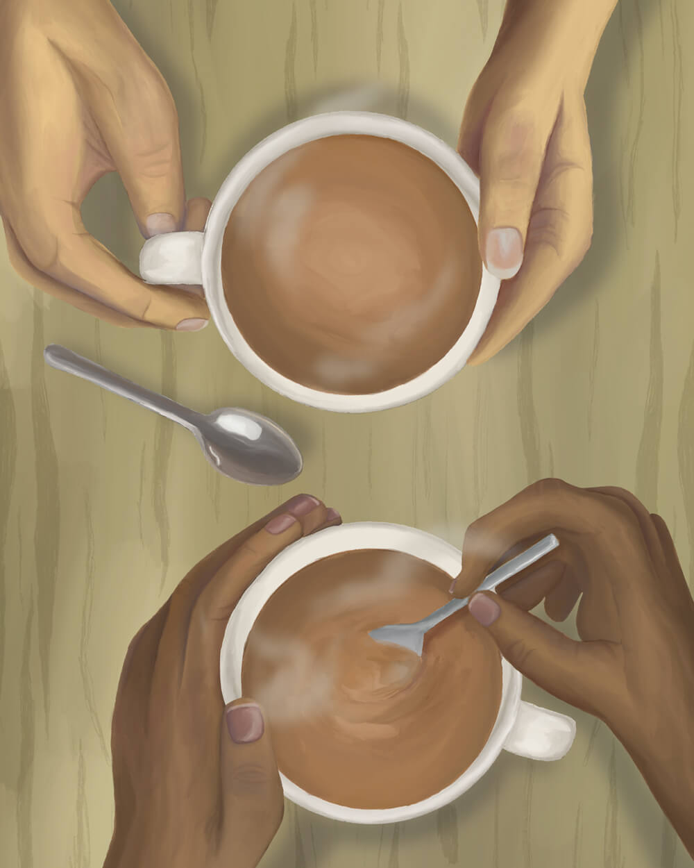 A top down illustration of diverse hands and coffee