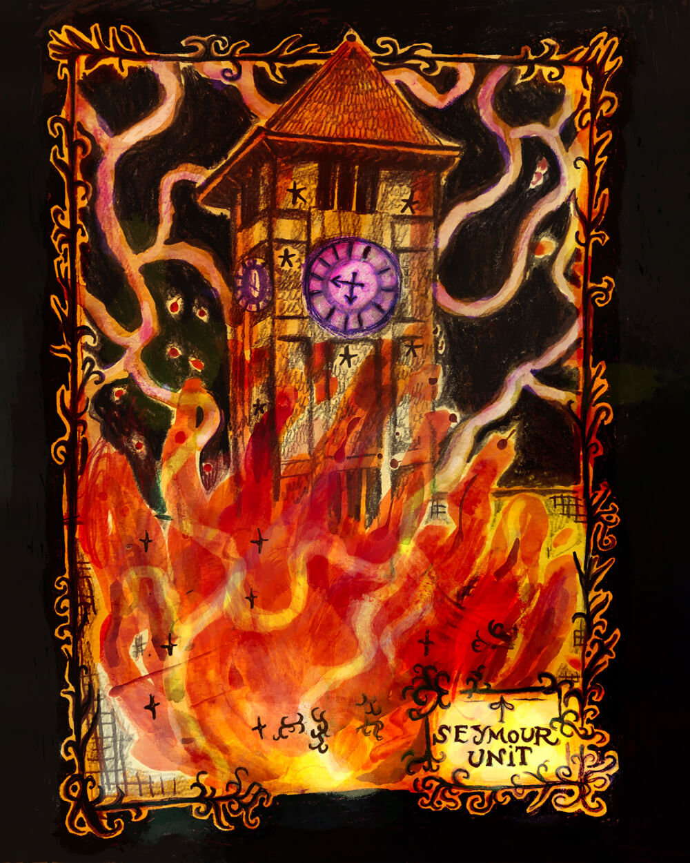 An illustration of a burning clocktower
